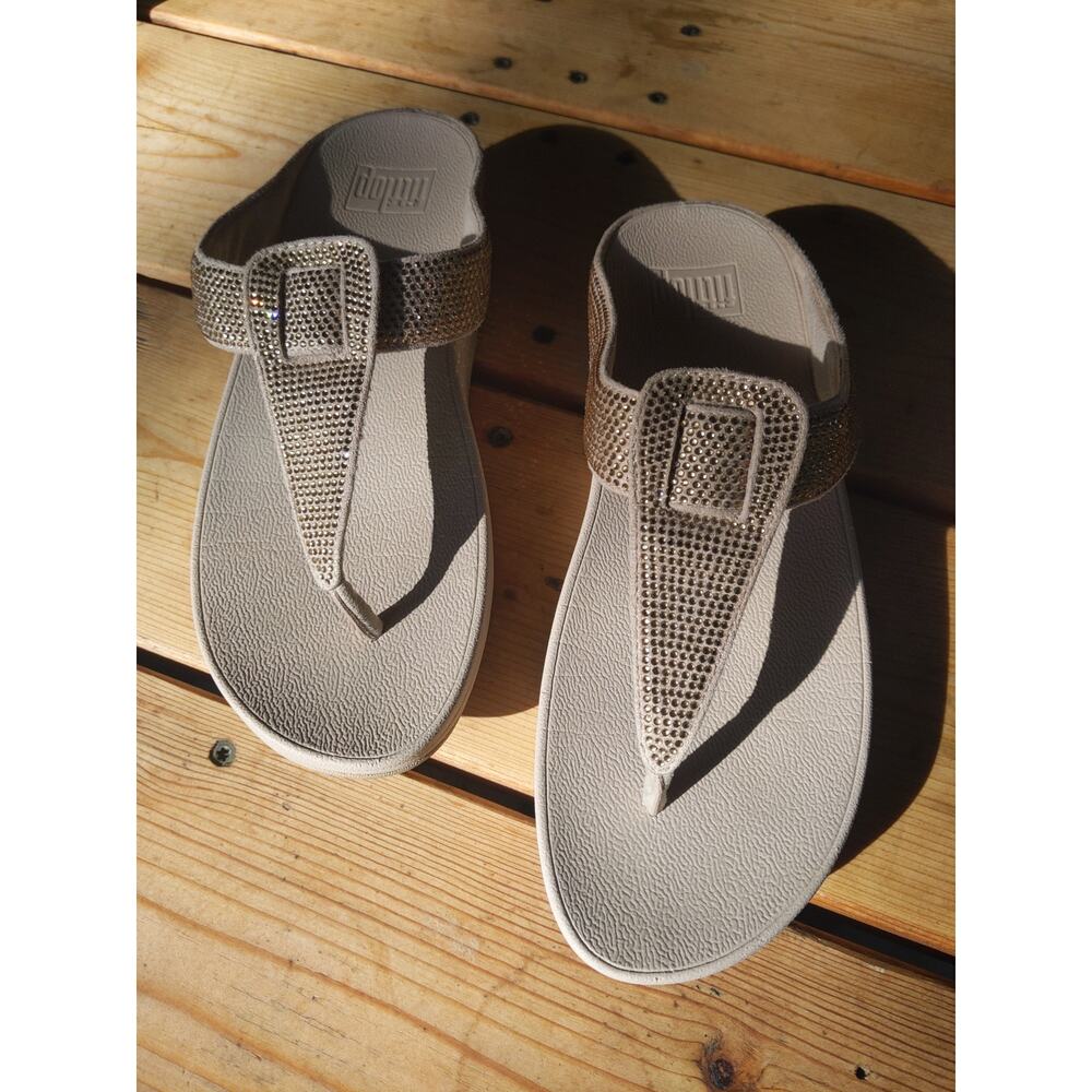 FitFlop Rhinestone Embellished Thong Sandal Taupe Beige Comfort Platform 7 - Picture 2 of 9